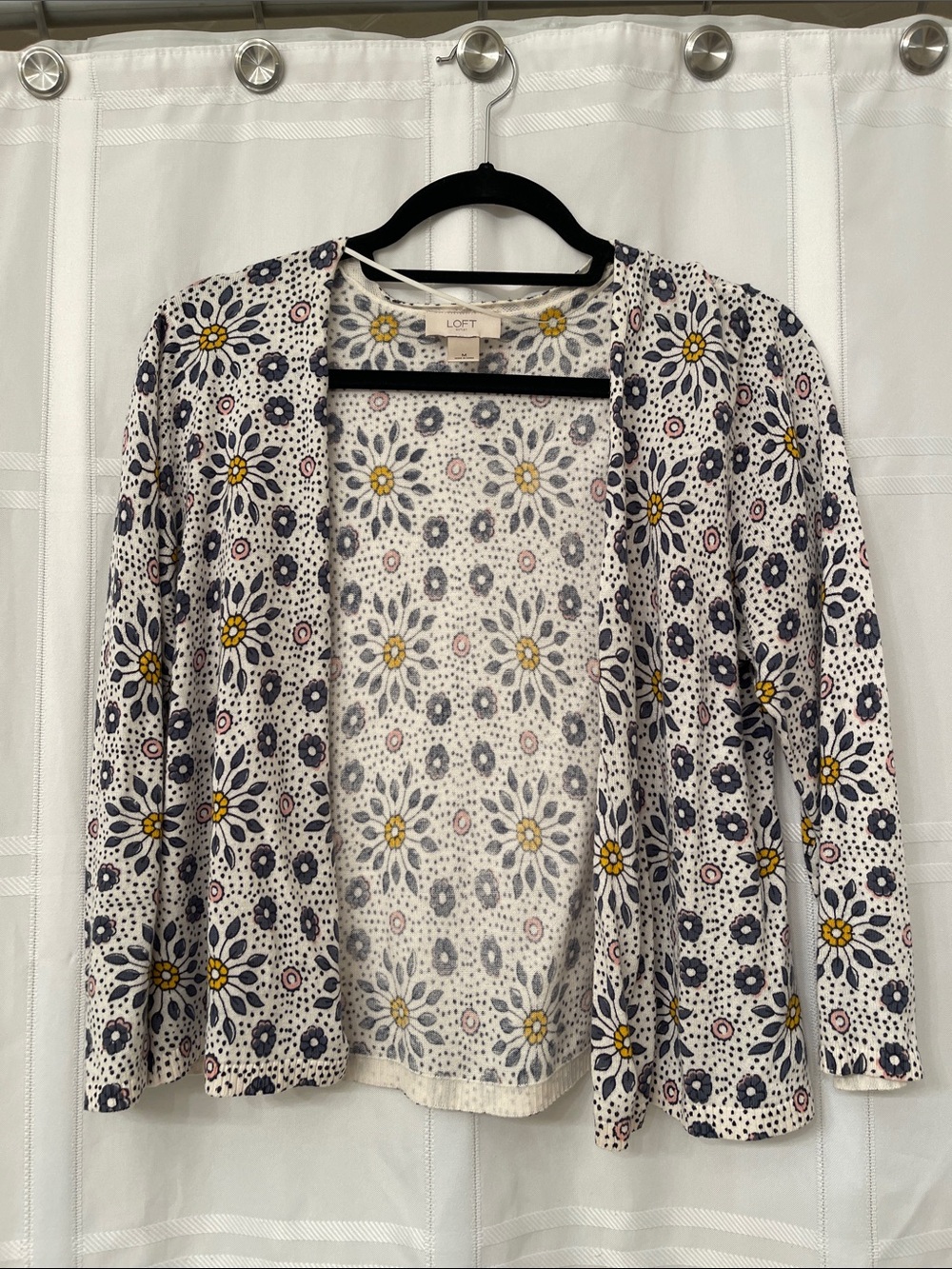 LOFT White Cardigan with Navy and Yellow Daisy Pattern